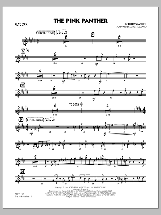Learn to play Mike Tomaro The Pink Panther - Alto Sax sheet music for Jazz Ensemble in minutes. Mike Tomaro The Pink Panther - Alto Sax sheet music preview music notes and score for Jazz Ensemble including 3 page(s)
