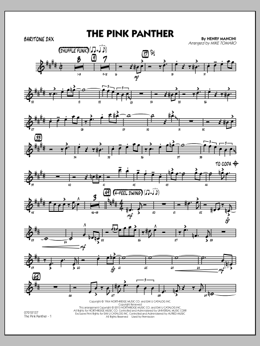 Learn to play Mike Tomaro The Pink Panther - Baritone Sax sheet music for Jazz Ensemble in minutes. Mike Tomaro The Pink Panther - Baritone Sax sheet music preview music notes and score for Jazz Ensemble including 3 page(s)