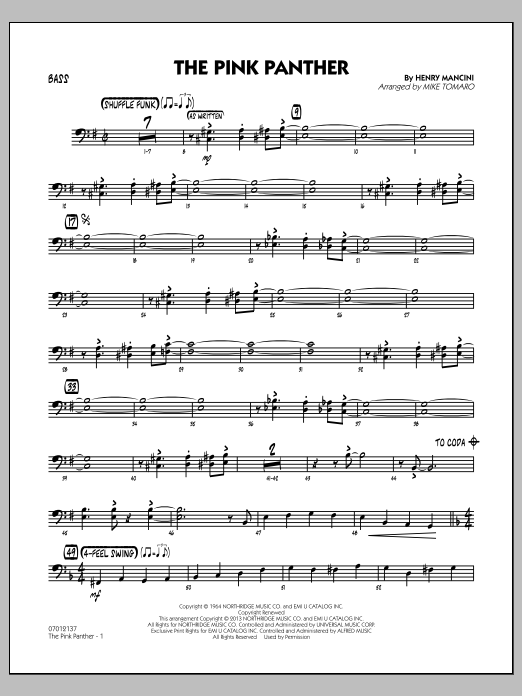 Learn to play Mike Tomaro The Pink Panther - Bass sheet music for Jazz Ensemble in minutes. Mike Tomaro The Pink Panther - Bass sheet music preview music notes and score for Jazz Ensemble including 4 page(s)