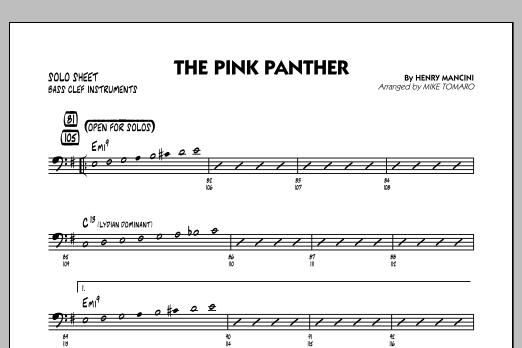 Learn to play Mike Tomaro The Pink Panther - Bass Clef Solo Sheet sheet music for Jazz Ensemble in minutes. Mike Tomaro The Pink Panther - Bass Clef Solo Sheet sheet music preview music notes and score for Jazz Ensemble including 1 page(s)