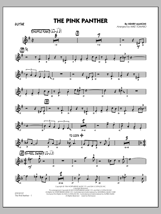 Learn to play Mike Tomaro The Pink Panther - Guitar sheet music for Jazz Ensemble in minutes. Mike Tomaro The Pink Panther - Guitar sheet music preview music notes and score for Jazz Ensemble including 3 page(s)