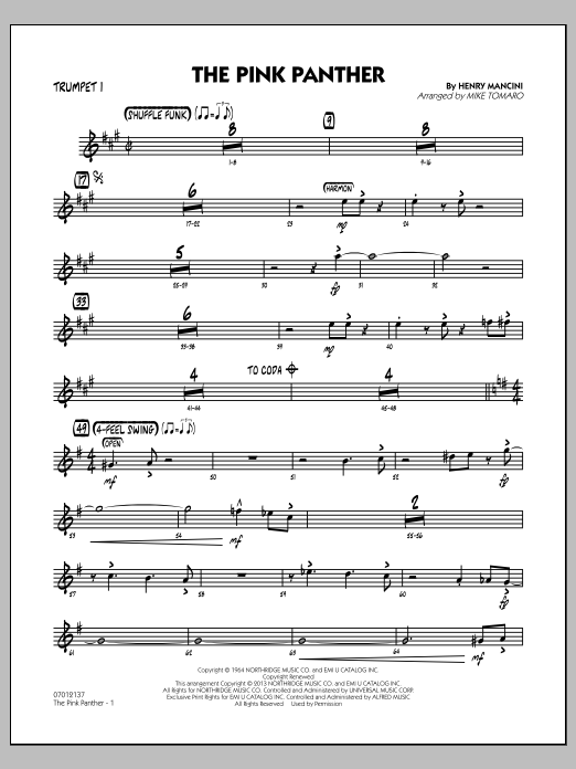 Learn to play Mike Tomaro The Pink Panther - Trumpet 1 sheet music for Jazz Ensemble in minutes. Mike Tomaro The Pink Panther - Trumpet 1 sheet music preview music notes and score for Jazz Ensemble including 3 page(s)