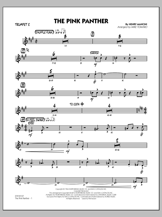 Learn to play Mike Tomaro The Pink Panther - Trumpet 2 sheet music for Jazz Ensemble in minutes. Mike Tomaro The Pink Panther - Trumpet 2 sheet music preview music notes and score for Jazz Ensemble including 3 page(s)