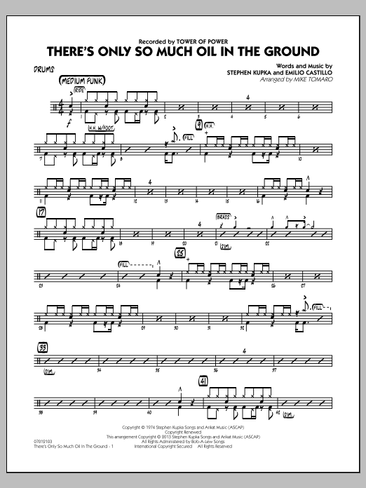 Learn to play Mike Tomaro There's Only So Much Oil in the Ground - Drums sheet music for Jazz Ensemble in minutes. Mike Tomaro There's Only So Much Oil in the Ground - Drums sheet music notes and chords