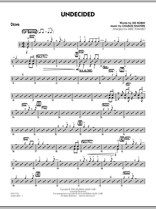 Learn to play Mike Tomaro Undecided - Drums sheet music for Jazz Ensemble in minutes. Mike Tomaro Undecided - Drums sheet music preview music notes and score for Jazz Ensemble including 3 page(s)