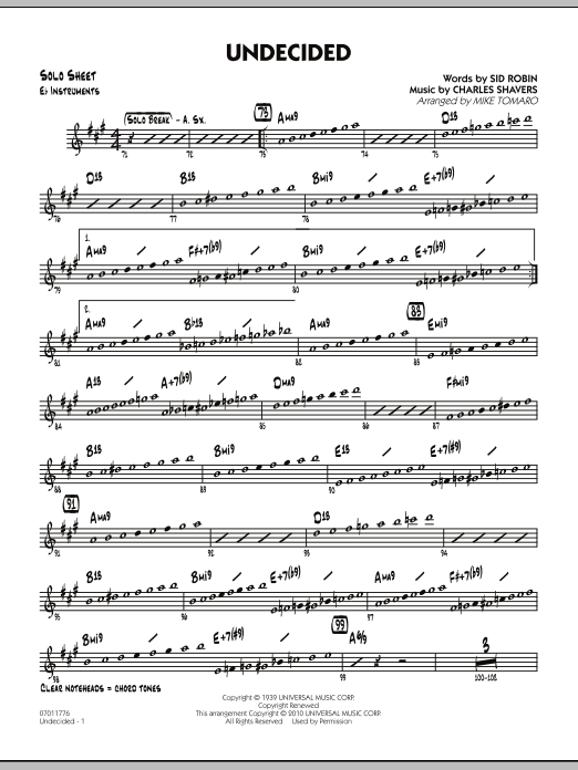 Learn to play Mike Tomaro Undecided - Eb Solo Sheet sheet music for Jazz Ensemble in minutes. Mike Tomaro Undecided - Eb Solo Sheet sheet music preview music notes and score for Jazz Ensemble including 2 page(s)