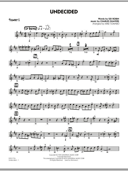 Learn to play Mike Tomaro Undecided - Trumpet 2 sheet music for Jazz Ensemble in minutes. Mike Tomaro Undecided - Trumpet 2 sheet music preview music notes and score for Jazz Ensemble including 3 page(s)