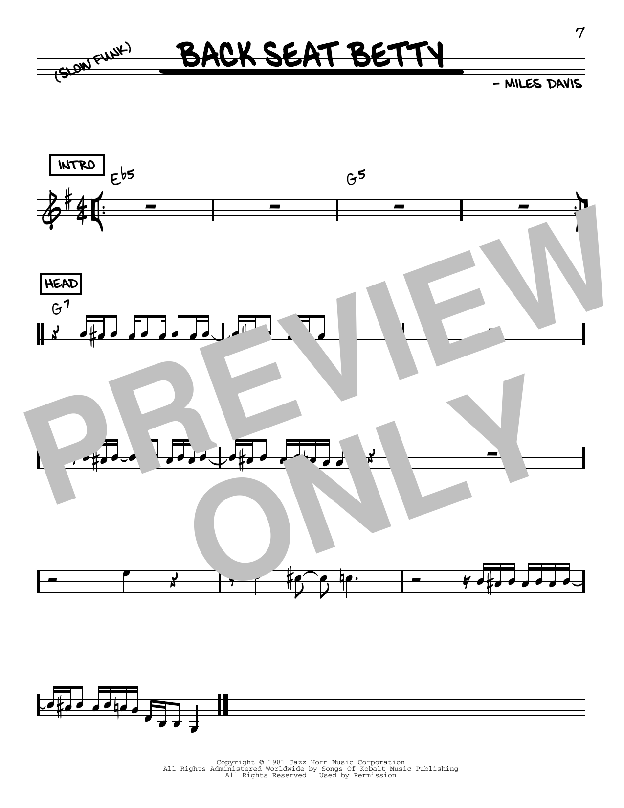 Learn to play Miles Davis Back Seat Betty sheet music for Real Book – Melody & Chords in minutes. Miles Davis Back Seat Betty sheet music preview music notes and score for Real Book – Melody & Chords including 1 page(s)