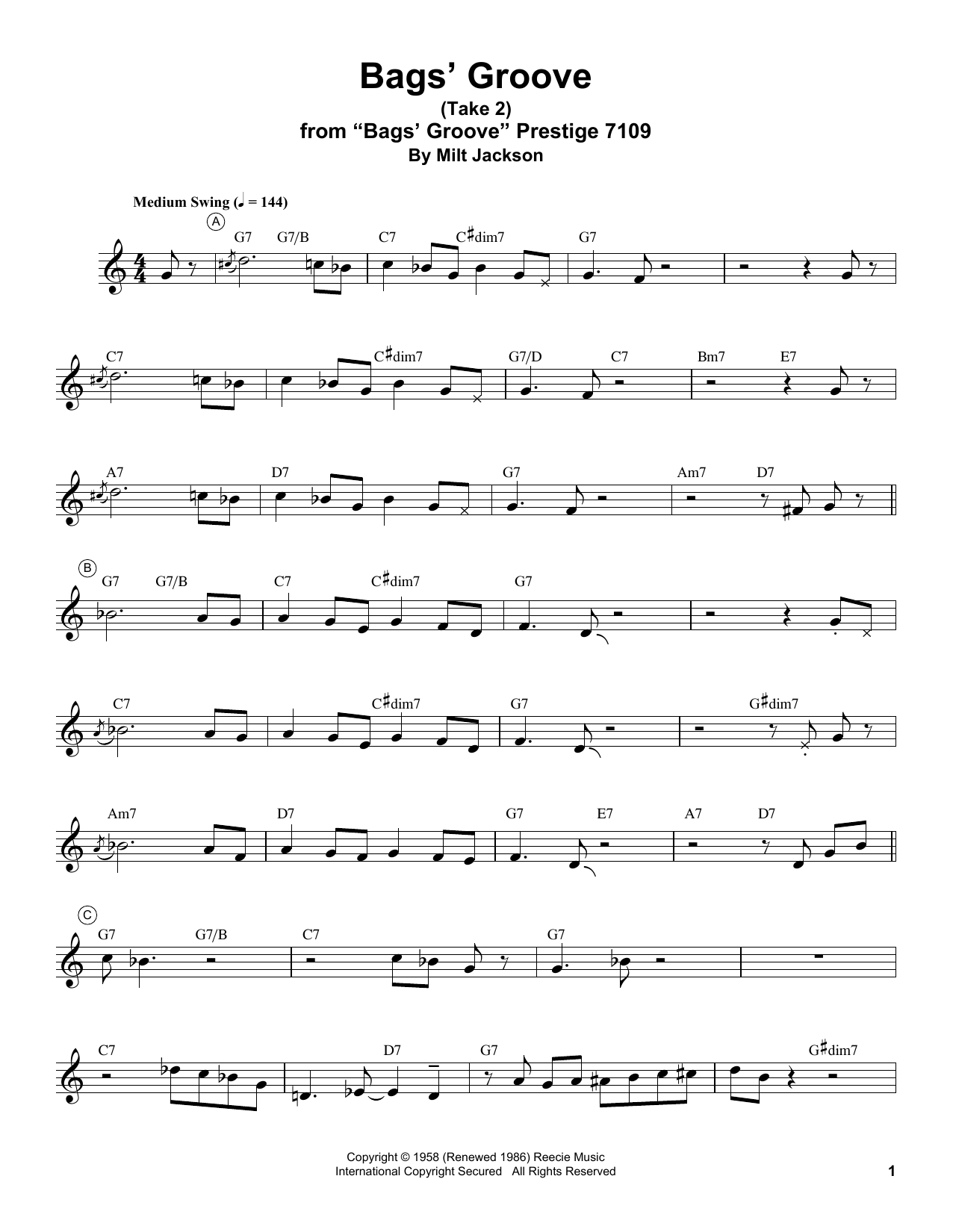 Miles Davis Bags' Groove (Take 2) sheet music preview music notes and score for Electric Guitar Transcription including 6 page(s)