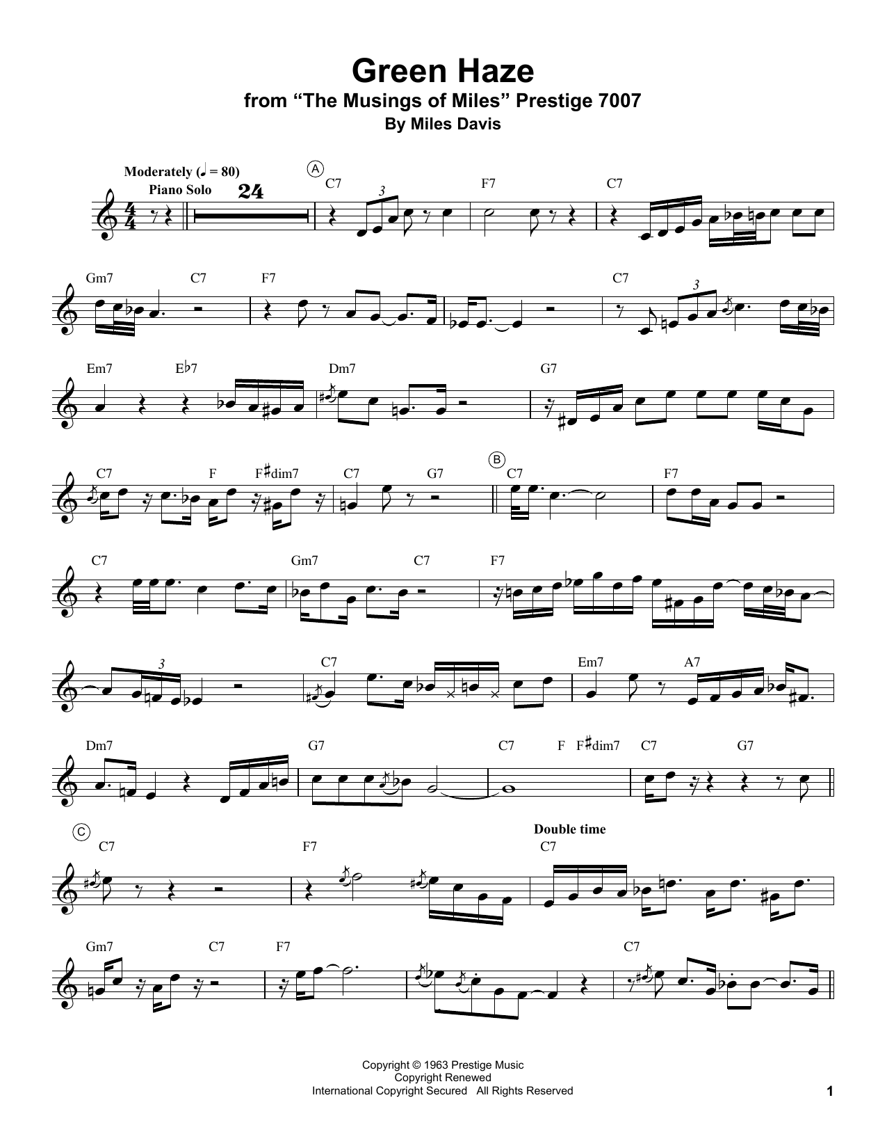 Learn to play Miles Davis Green Haze sheet music for Real Book – Melody & Chords in minutes. Miles Davis Green Haze sheet music preview music notes and score for Real Book – Melody & Chords including 1 page(s)