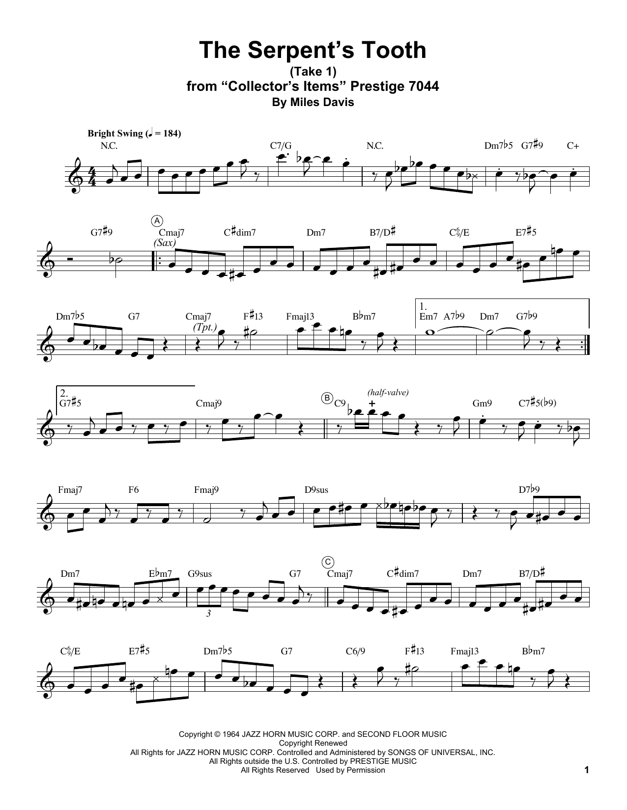 Learn to play Miles Davis The Serpent's Tooth sheet music for Real Book – Melody & Chords in minutes. Miles Davis The Serpent's Tooth sheet music preview music notes and score for Real Book – Melody & Chords including 1 page(s)