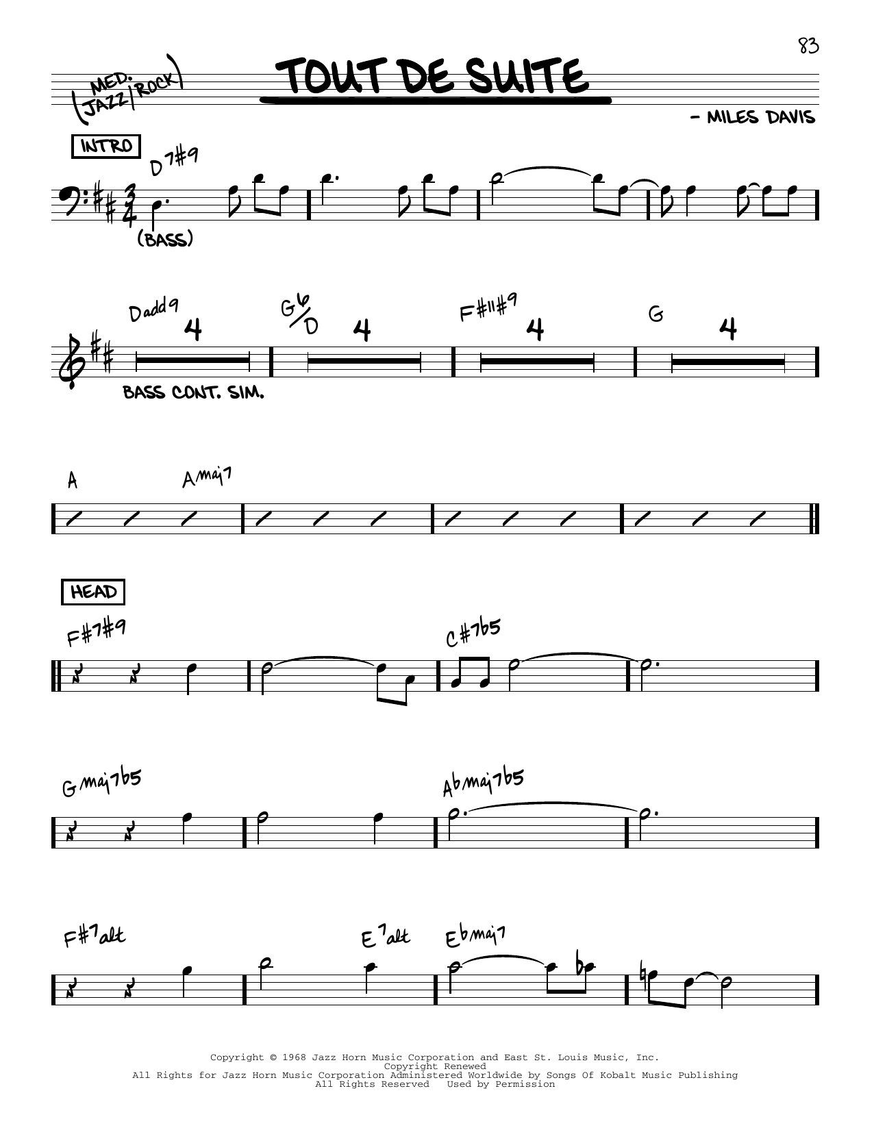 Learn to play Miles Davis Tout De Suite sheet music for Real Book – Melody & Chords in minutes. Miles Davis Tout De Suite sheet music preview music notes and score for Real Book – Melody & Chords including 3 page(s)
