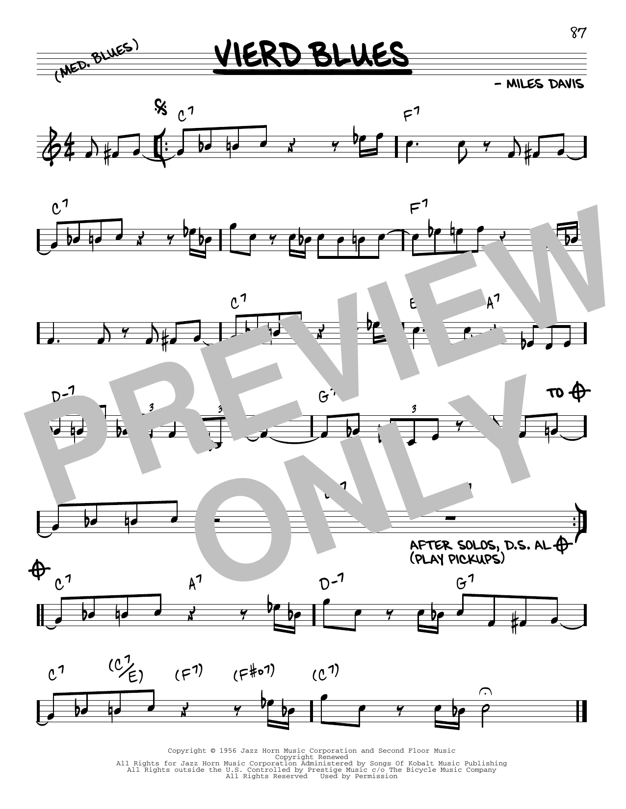 Learn to play Miles Davis Vierd Blues sheet music for Real Book – Melody & Chords in minutes. Miles Davis Vierd Blues sheet music preview music notes and score for Real Book – Melody & Chords including 1 page(s)