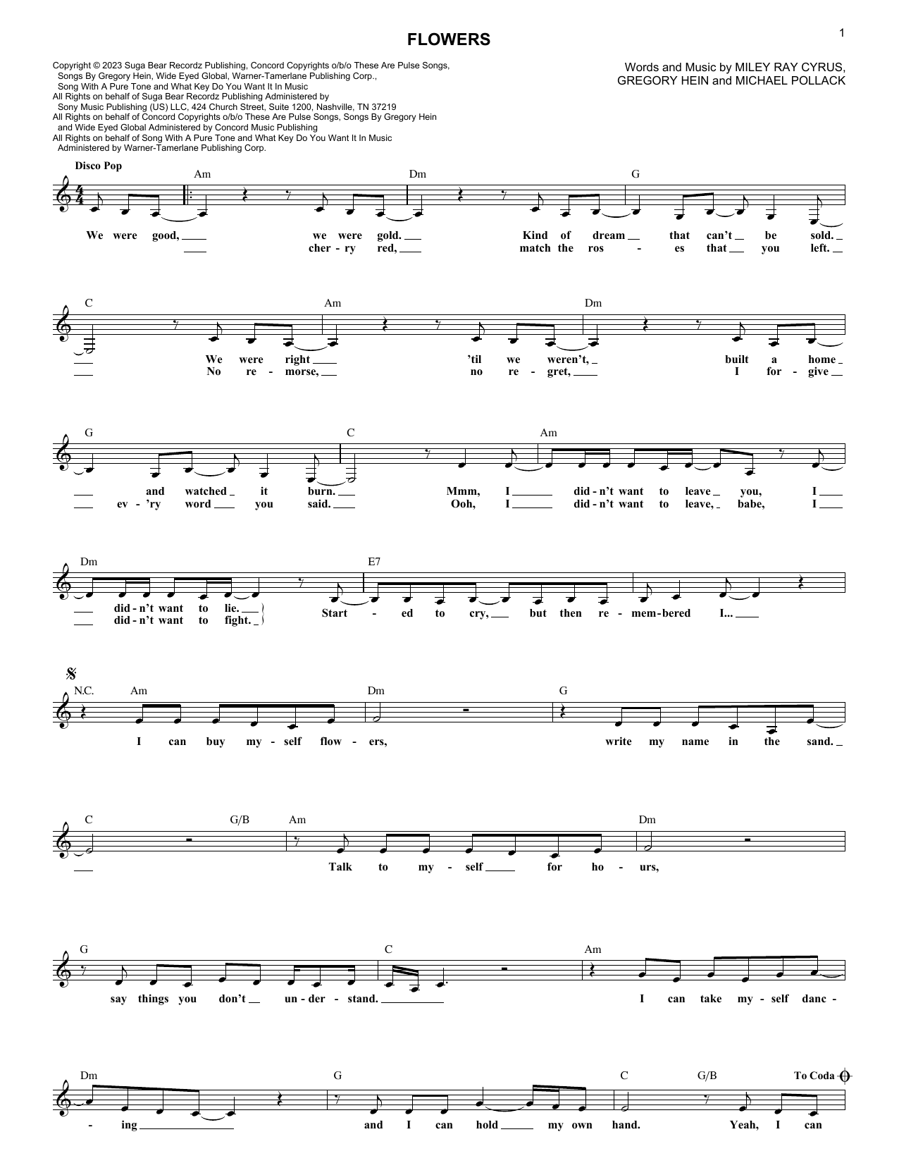 Miley Cyrus Flowers Sheet Music Download Printable Pdf Music Notes Score And Chords 1255983 4143