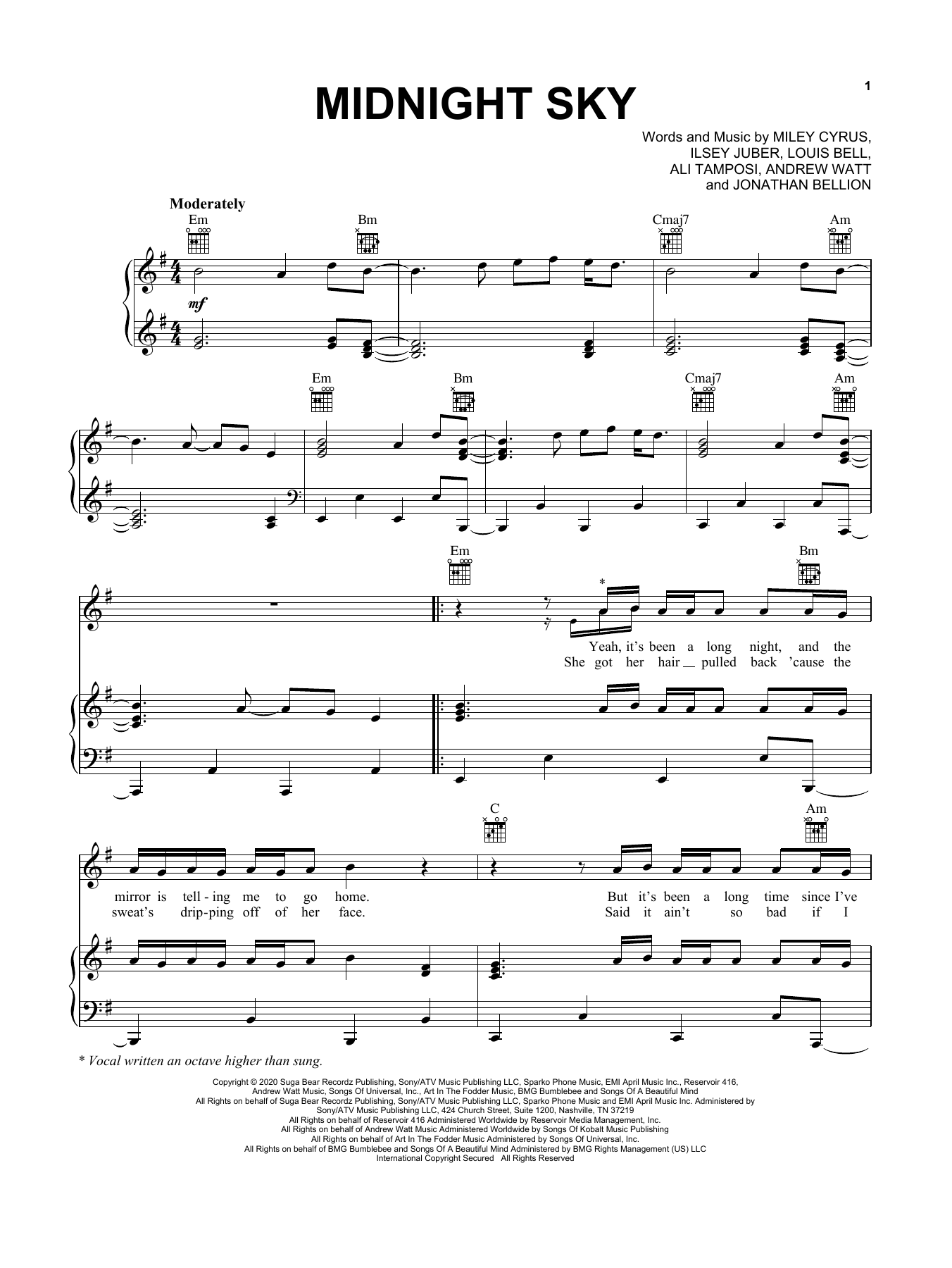 Learn to play Miley Cyrus Midnight Sky sheet music for Piano, Vocal & Guitar (Right-Hand Melody) in minutes. Miley Cyrus Midnight Sky sheet music preview music notes and score for Piano, Vocal & Guitar (Right-Hand Melody) including 5 page(s)