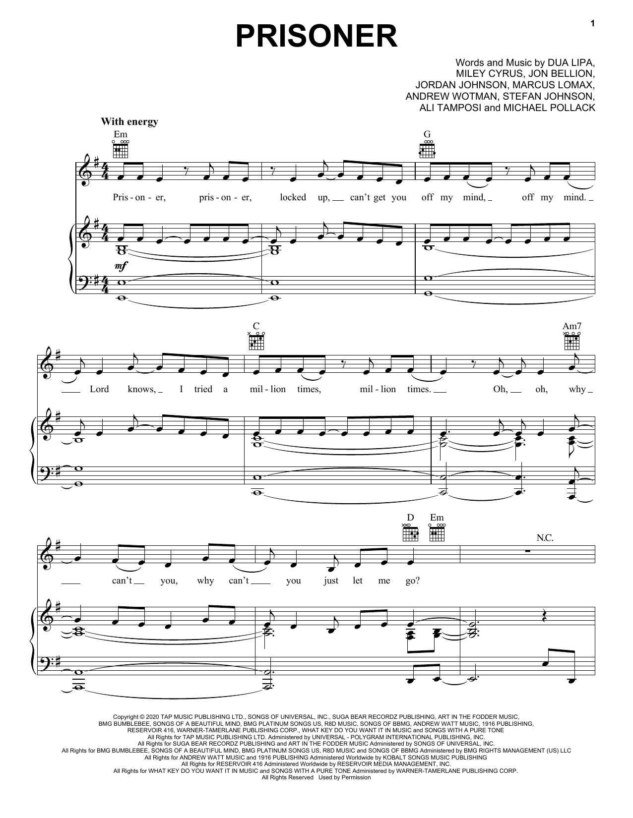 Learn to play Miley Cyrus Prisoner (feat. Dua Lipa) sheet music for Piano, Vocal & Guitar (Right-Hand Melody) in minutes. Miley Cyrus Prisoner (feat. Dua Lipa) sheet music notes and chords