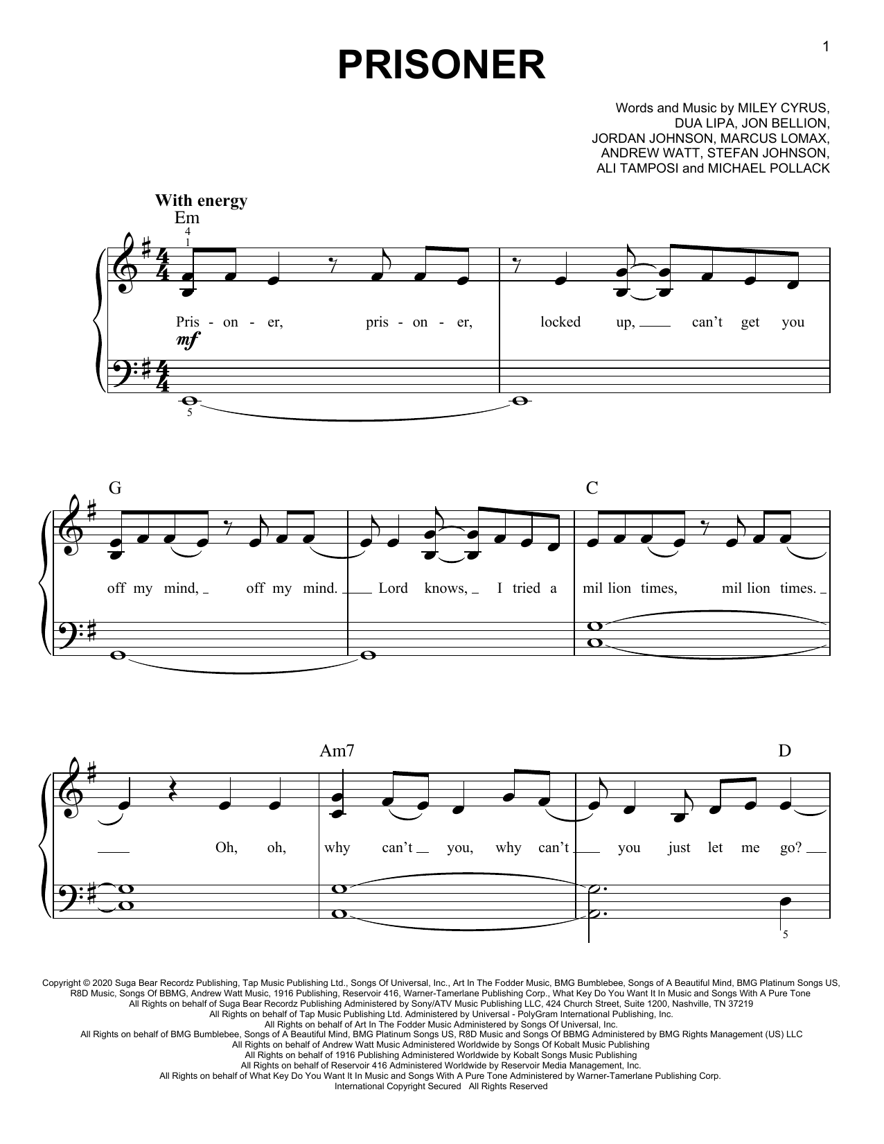 Learn to play Miley Cyrus Prisoner (feat. Dua Lipa) sheet music for Piano, Vocal & Guitar (Right-Hand Melody) in minutes. Miley Cyrus Prisoner (feat. Dua Lipa) sheet music preview music notes and score for Piano, Vocal & Guitar (Right-Hand Melody) including 6 page(s)