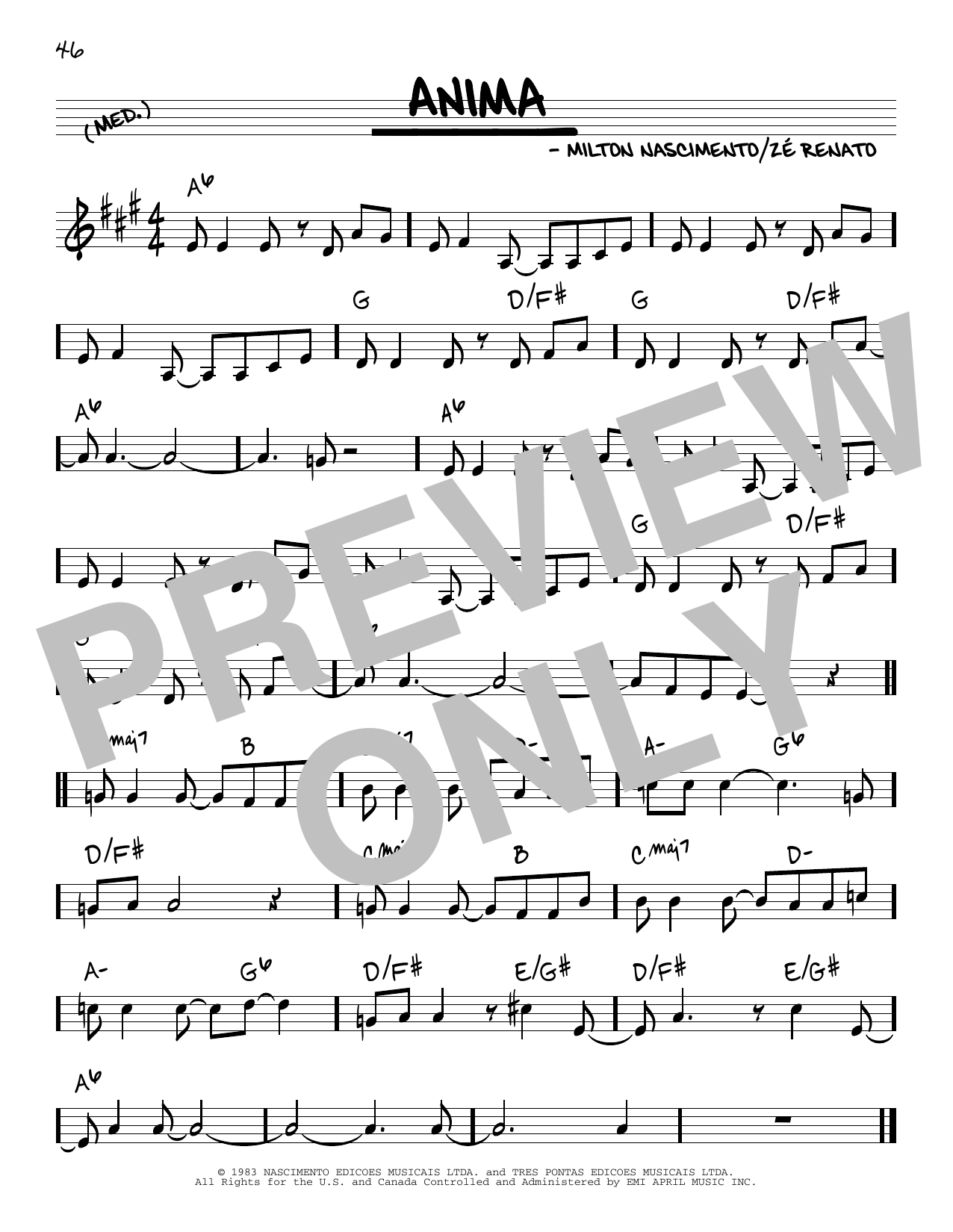Learn to play Milton Nascimento Anima sheet music for Real Book – Melody & Chords in minutes. Milton Nascimento Anima sheet music preview music notes and score for Real Book – Melody & Chords including 1 page(s)