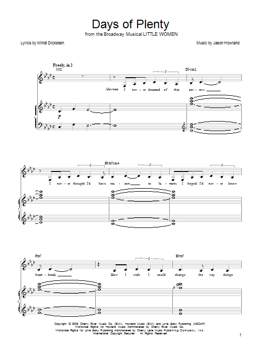 Learn to play Mindi Dickstein Days Of Plenty sheet music for Piano, Vocal & Guitar (Right-Hand Melody) in minutes. Mindi Dickstein Days Of Plenty sheet music preview music notes and score for Piano, Vocal & Guitar (Right-Hand Melody) including 7 page(s)