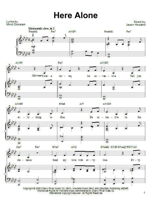 Learn to play Mindi Dickstein Here Alone sheet music for Piano, Vocal & Guitar (Right-Hand Melody) in minutes. Mindi Dickstein Here Alone sheet music preview music notes and score for Piano, Vocal & Guitar (Right-Hand Melody) including 7 page(s)