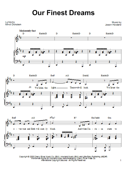 Learn to play Mindi Dickstein Our Finest Dreams sheet music for Piano, Vocal & Guitar (Right-Hand Melody) in minutes. Mindi Dickstein Our Finest Dreams sheet music preview music notes and score for Piano, Vocal & Guitar (Right-Hand Melody) including 8 page(s)