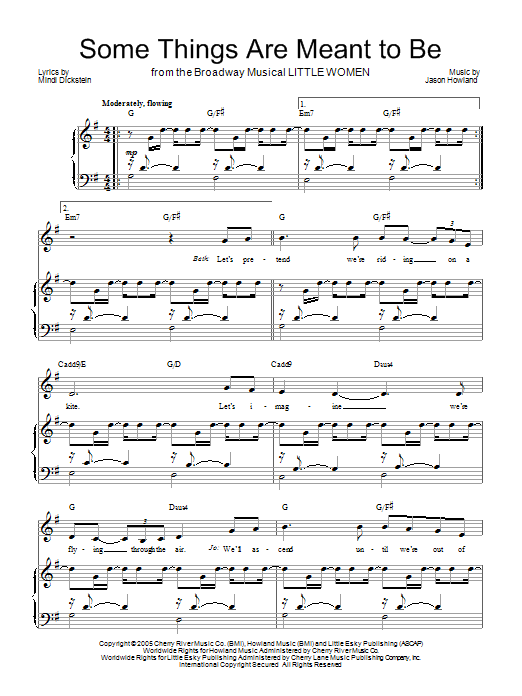 Learn to play Mindi Dickstein Some Things Are Meant To Be sheet music for Piano, Vocal & Guitar (Right-Hand Melody) in minutes. Mindi Dickstein Some Things Are Meant To Be sheet music preview music notes and score for Piano, Vocal & Guitar (Right-Hand Melody) including 6 page(s)