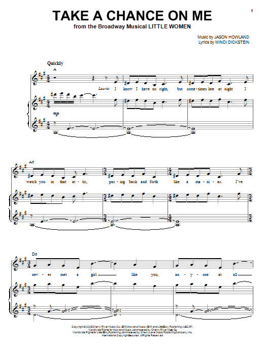 Learn to play Mindi Dickstein Take A Chance On Me sheet music for Piano, Vocal & Guitar (Right-Hand Melody) in minutes. Mindi Dickstein Take A Chance On Me sheet music preview music notes and score for Piano, Vocal & Guitar (Right-Hand Melody) including 9 page(s)