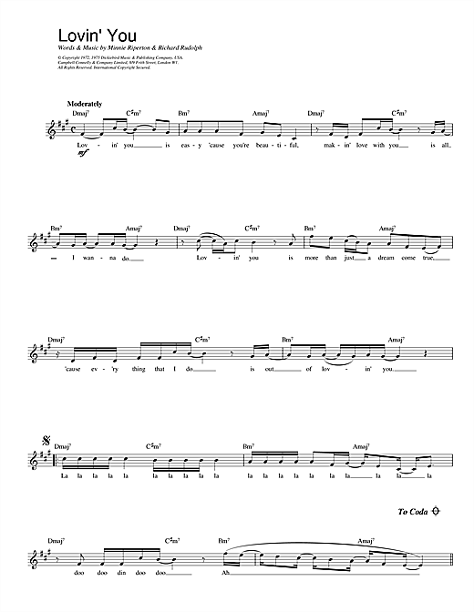 Learn to play Minnie Riperton Lovin' You sheet music for Piano, Vocal & Guitar (Right-Hand Melody) in minutes. Minnie Riperton Lovin' You sheet music notes and chords