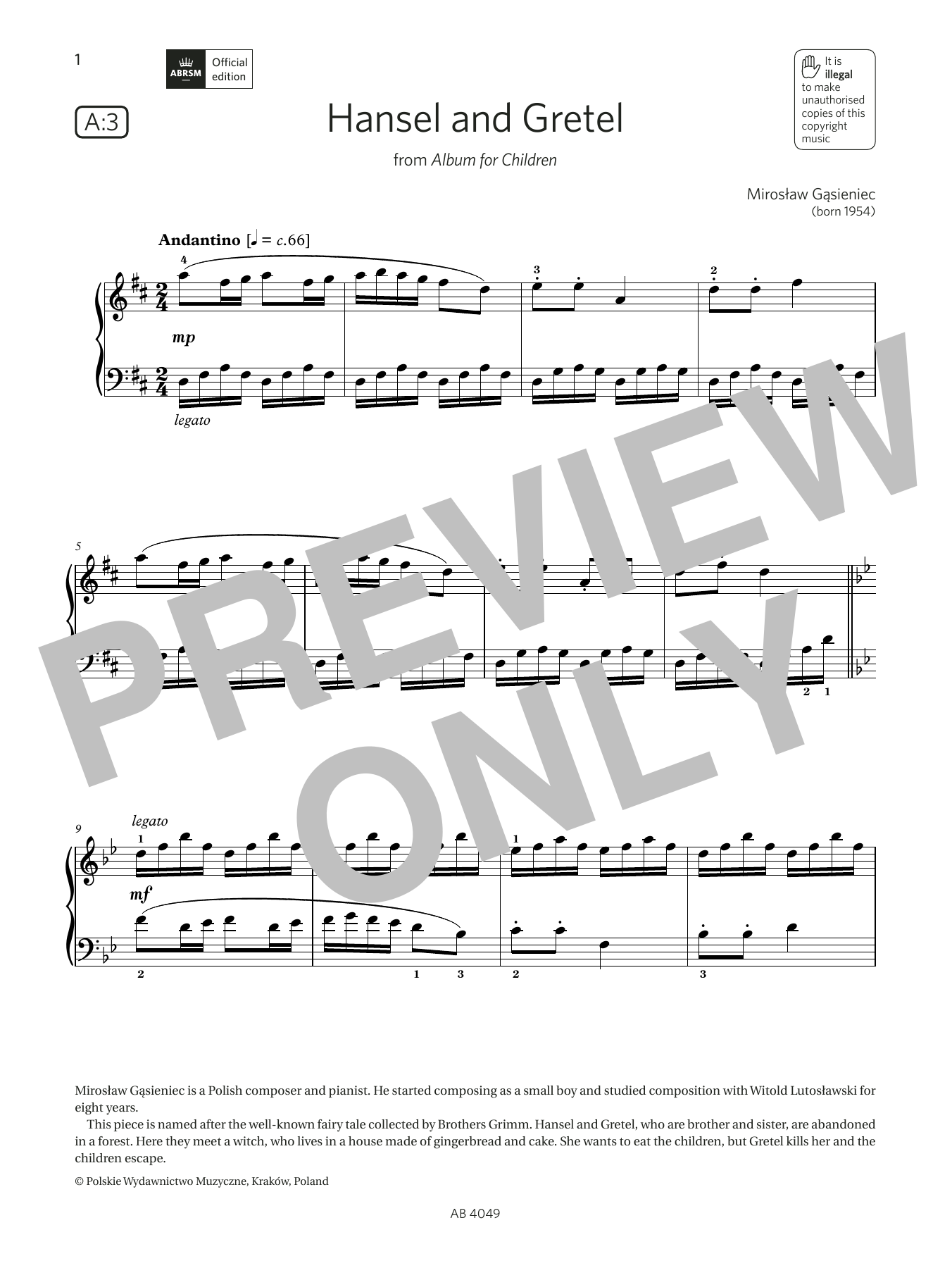 Mirosław Gąsieniec Hansel and Gretel (Grade 3, list A3, from the ABRSM Piano Syllabus 2023 & 2024) sheet music, chords, lyrics - Printable PDF for Piano Solo