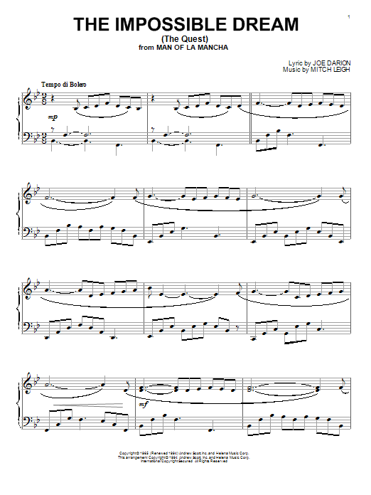 Learn to play Mitch Leigh The Impossible Dream (The Quest) sheet music for Cello Duet in minutes. Mitch Leigh The Impossible Dream (The Quest) sheet music preview music notes and score for Cello Duet including 2 page(s)
