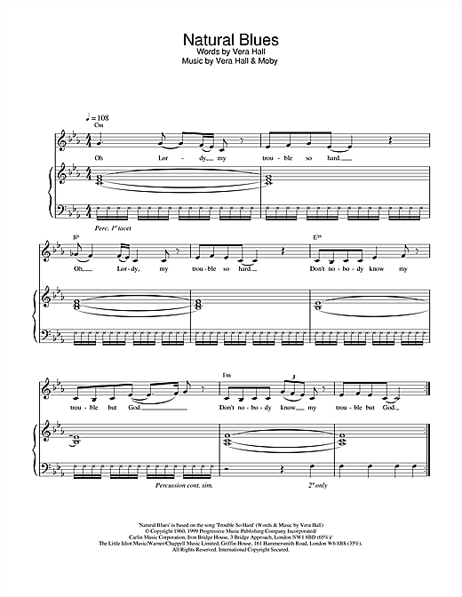 Learn to play Moby Natural Blues sheet music for Piano, Vocal & Guitar in minutes. Moby Natural Blues sheet music notes and chords