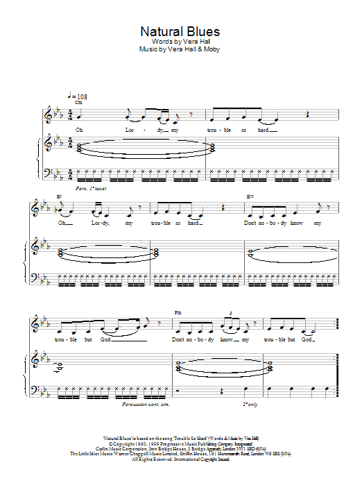 Moby Natural Blues sheet music preview music notes and score for Piano, Vocal & Guitar including 6 page(s)
