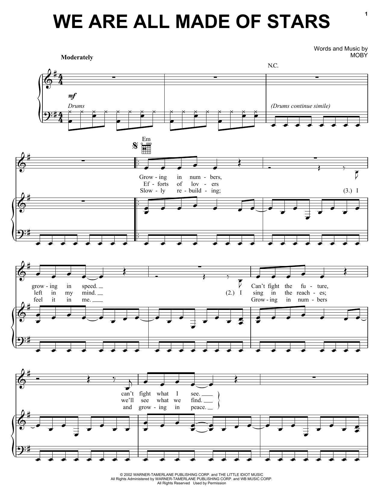 Learn to play Moby We Are All Made Of Stars sheet music for Piano, Vocal & Guitar (Right-Hand Melody) in minutes. Moby We Are All Made Of Stars sheet music preview music notes and score for Piano, Vocal & Guitar (Right-Hand Melody) including 5 page(s)