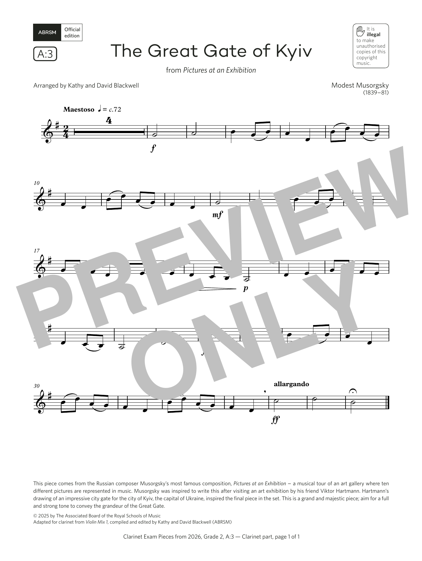 Modest Petrovich Musorgsky The Great Gate of Kyiv (Grade 2, list A3, from the ABRSM Clarinet Syllabus from 2026) sheet music, chords, lyrics - Printable PDF for Clarinet Solo