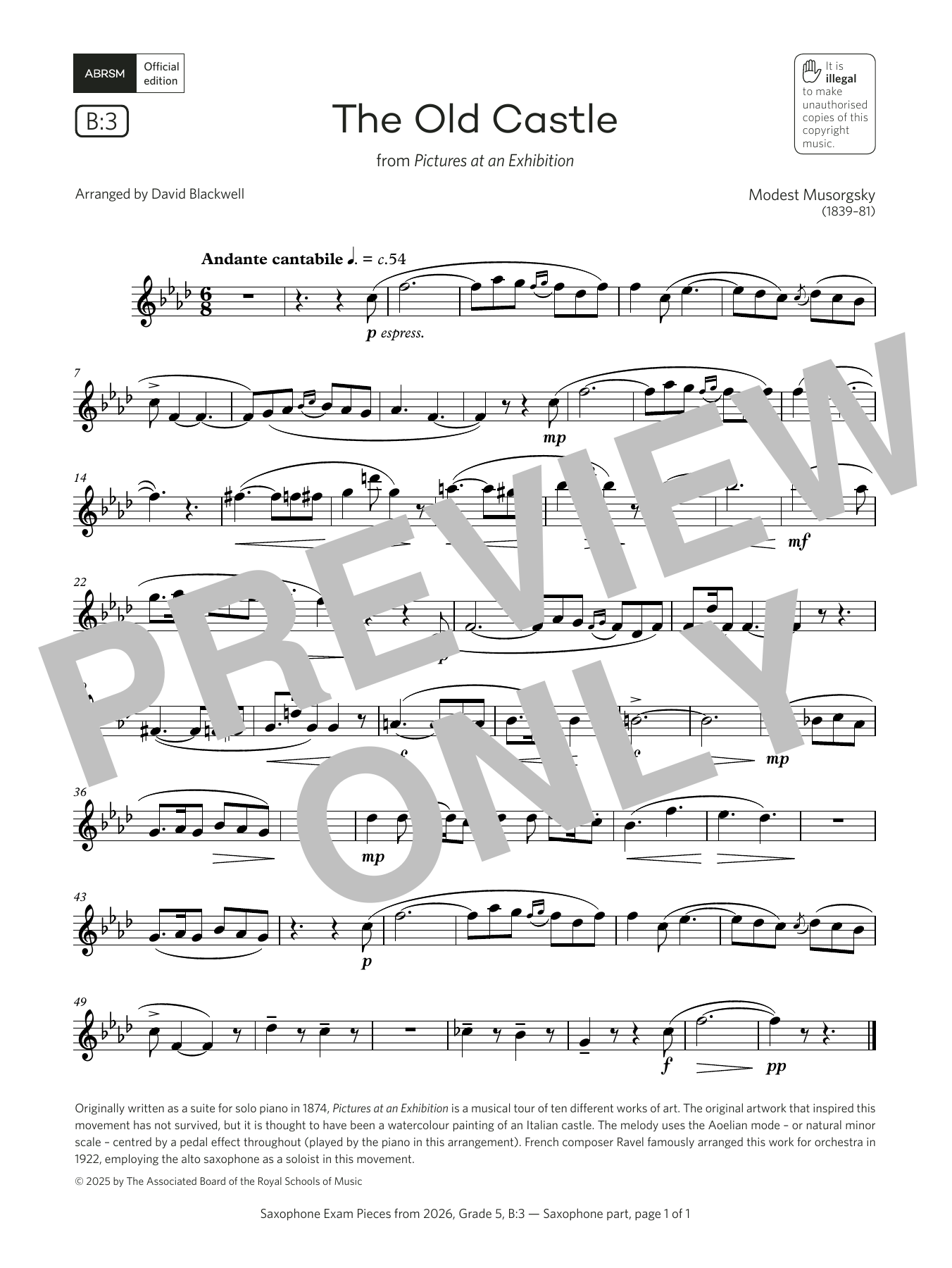 Modest Petrovich Musorgsky The Old Castle (Grade 5, list B3, from the ABRSM Saxophone Syllabus from 2026) sheet music, chords, lyrics - Printable PDF for Alto Sax Solo