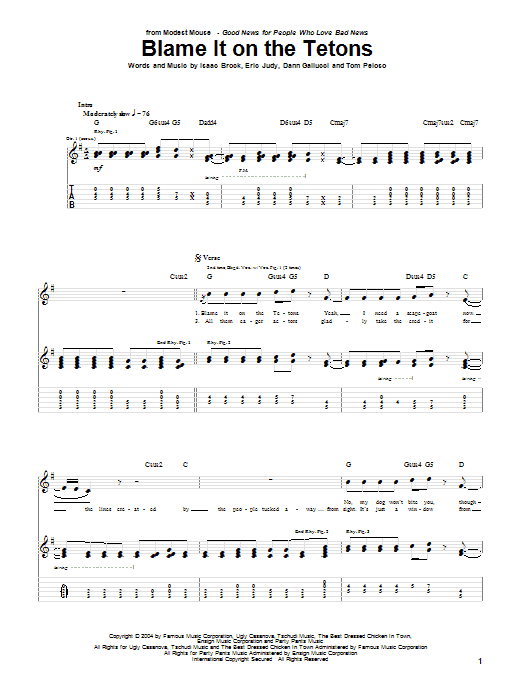 Modest Mouse Blame It On The Tetons sheet music preview music notes and score for Guitar Tab including 7 page(s)