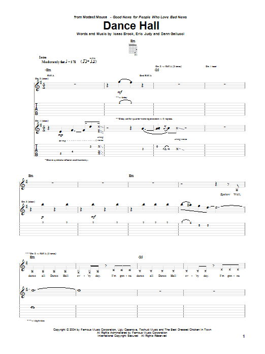 Modest Mouse Dance Hall sheet music preview music notes and score for Guitar Tab including 9 page(s)