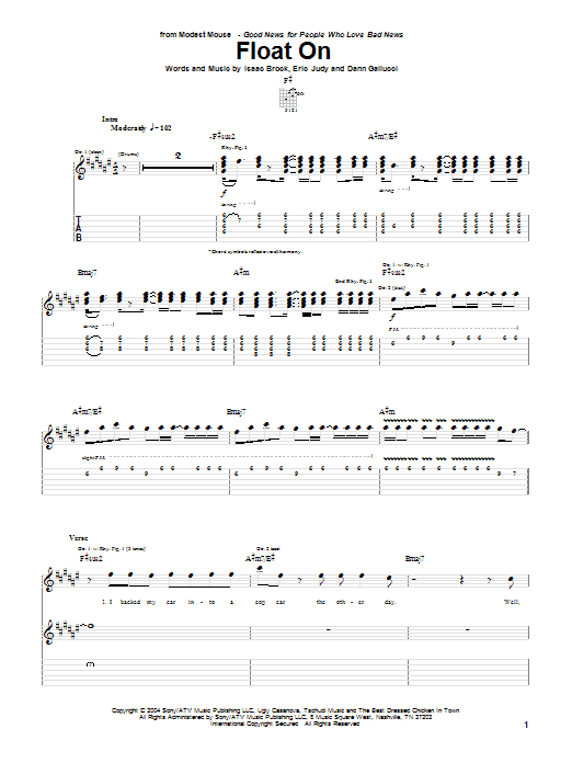 Modest Mouse Float On sheet music preview music notes and score for Guitar Tab including 7 page(s)