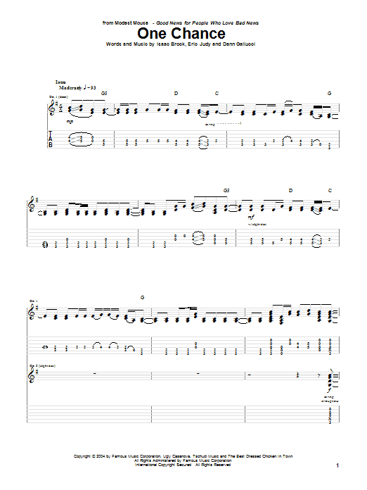 Modest Mouse One Chance sheet music preview music notes and score for Guitar Tab including 7 page(s)