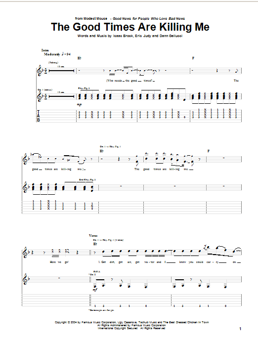 Modest Mouse The Good Times Are Killing Me sheet music preview music notes and score for Guitar Tab including 5 page(s)