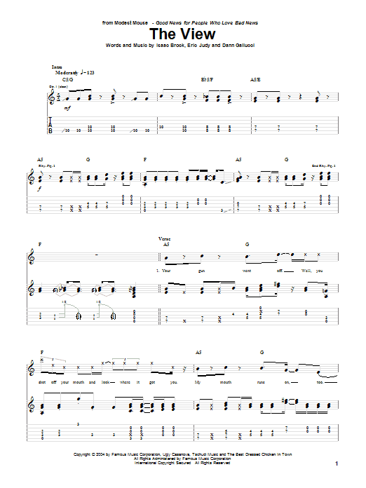 Modest Mouse The View sheet music preview music notes and score for Guitar Tab including 9 page(s)