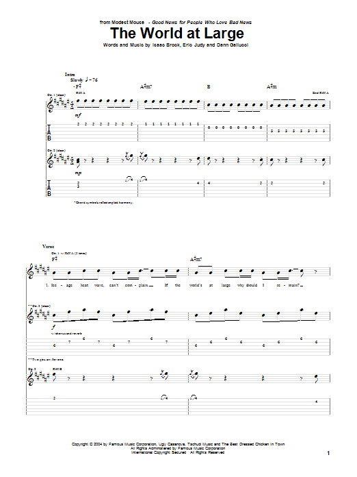 Modest Mouse The World At Large sheet music preview music notes and score for Guitar Tab including 6 page(s)