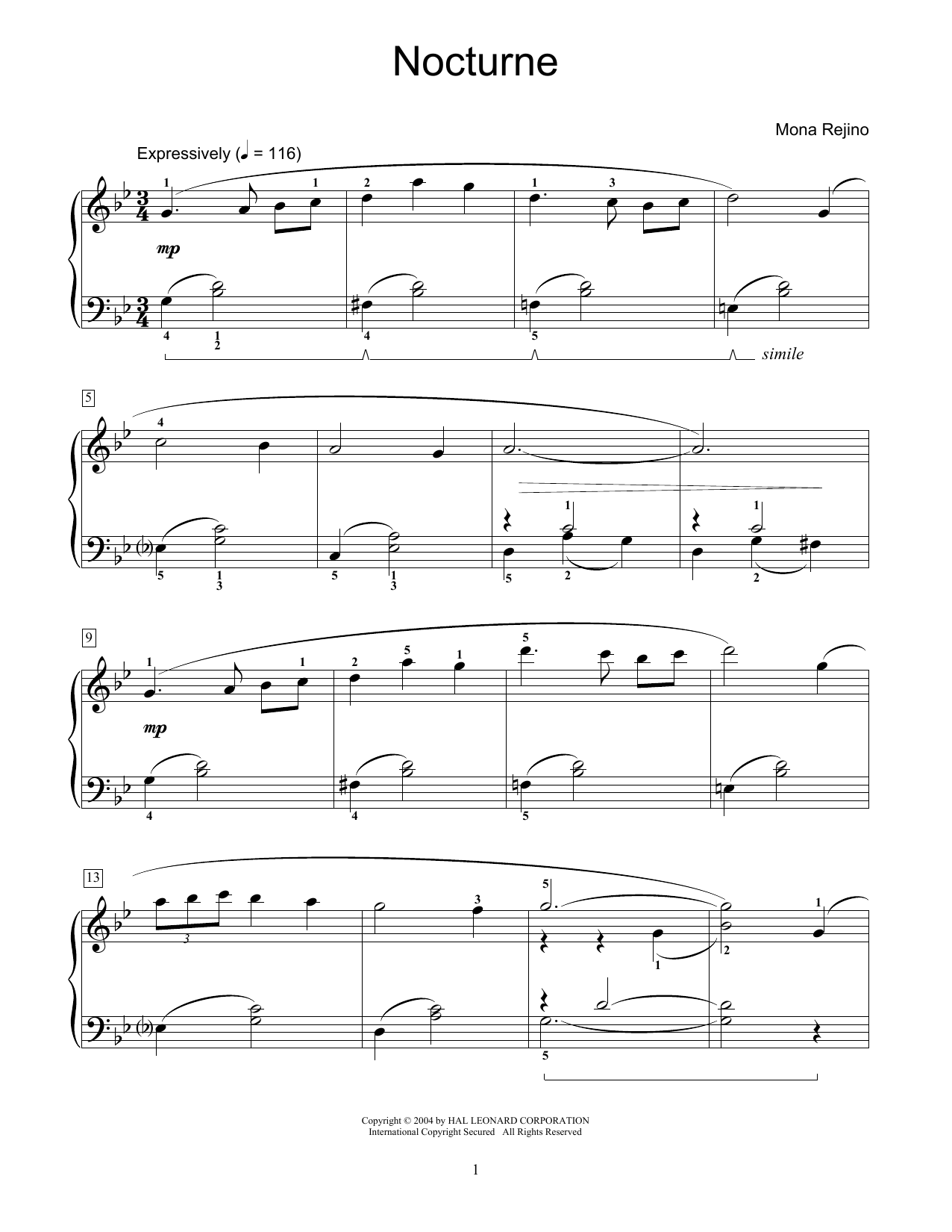 Learn to play Mona Rejino Nocturne sheet music for Easy Piano in minutes. Mona Rejino Nocturne sheet music preview music notes and score for Easy Piano including 3 page(s)