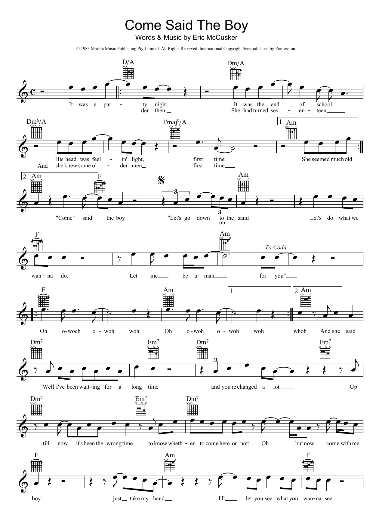 Download Mondo Rock Come Said The Boy sheet music notes and chords for Melody Line, Lyrics & Chords - Download Printable PDF and start playing in minutes.