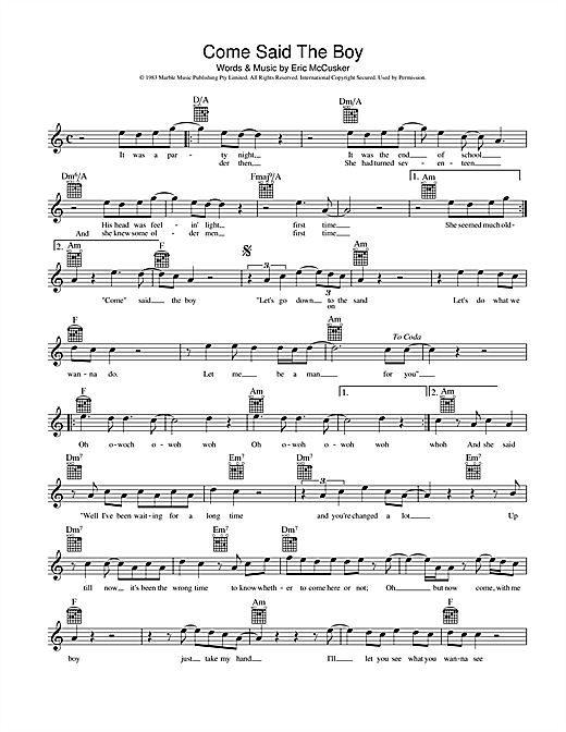 Learn to play Mondo Rock Come Said The Boy sheet music for Melody Line, Lyrics & Chords in minutes. Mondo Rock Come Said The Boy sheet music preview music notes and score for Melody Line, Lyrics & Chords including 2 page(s)