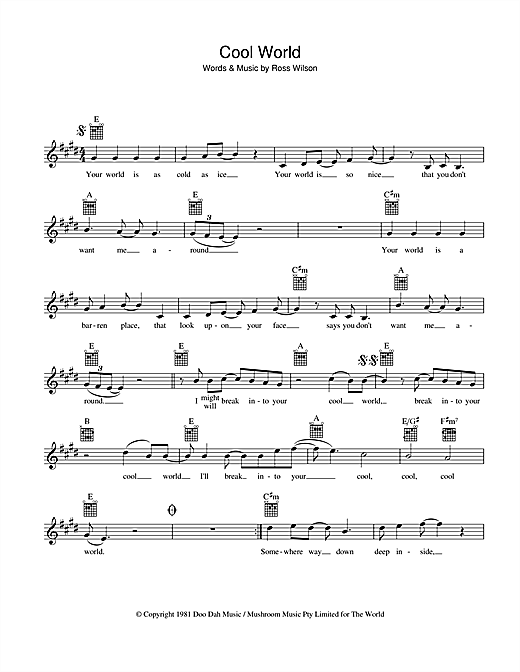 Learn to play Mondo Rock Cool World sheet music for Melody Line, Lyrics & Chords in minutes. Mondo Rock Cool World sheet music preview music notes and score for Melody Line, Lyrics & Chords including 2 page(s)