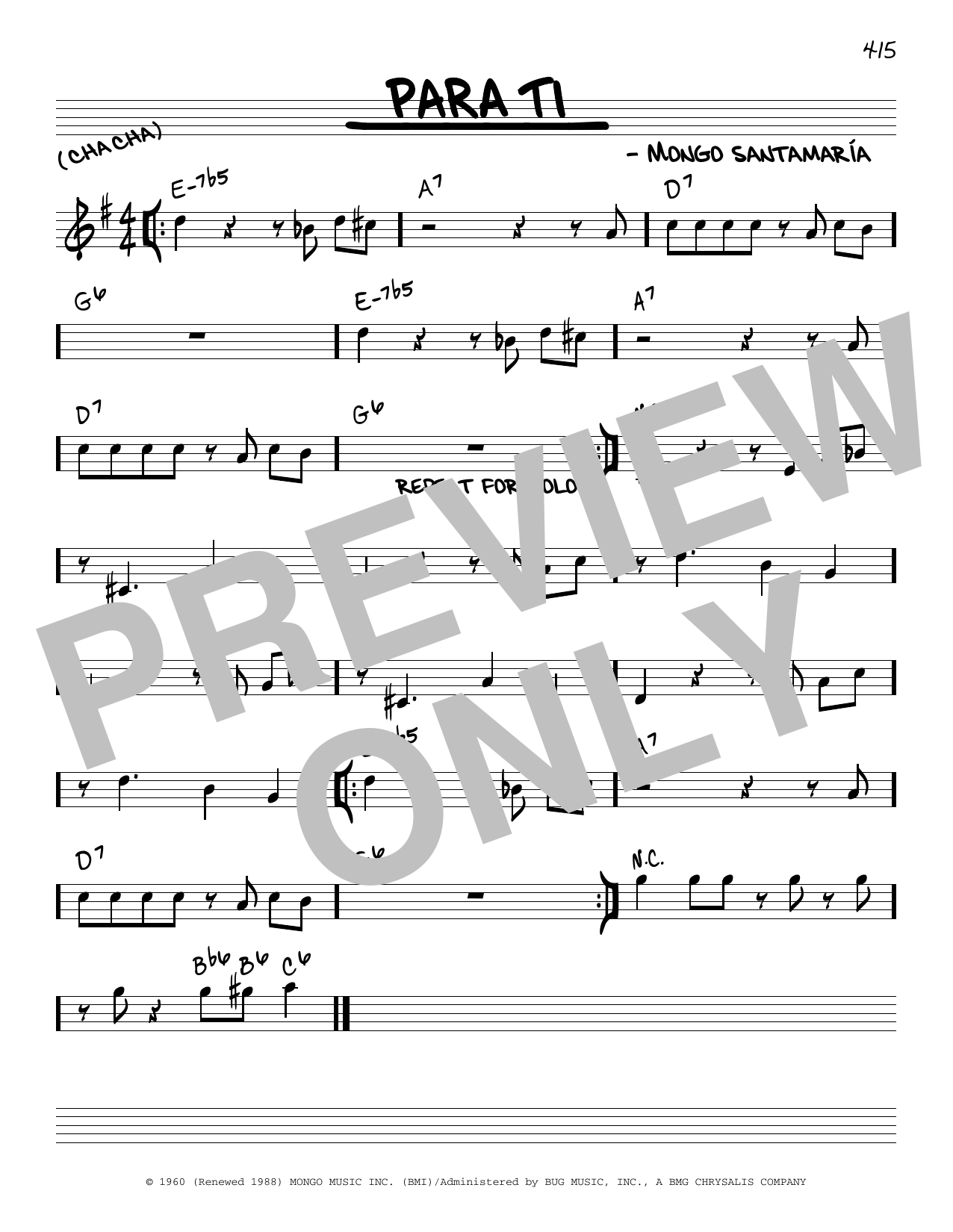 Learn to play Mongo Santamaria Para Ti sheet music for Real Book – Melody & Chords in minutes. Mongo Santamaria Para Ti sheet music preview music notes and score for Real Book – Melody & Chords including 1 page(s)