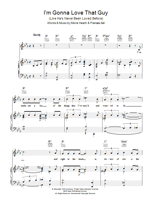Learn to play Monica Lewis I'm Gonna Love That Guy (Like He's Never Been Loved Before) sheet music for Piano, Vocal & Guitar (Right-Hand Melody) in minutes. Monica Lewis I'm Gonna Love That Guy (Like He's Never Been Loved Before) sheet music preview music notes and score for Piano, Vocal & Guitar (Right-Hand Melody) including 5 page(s)