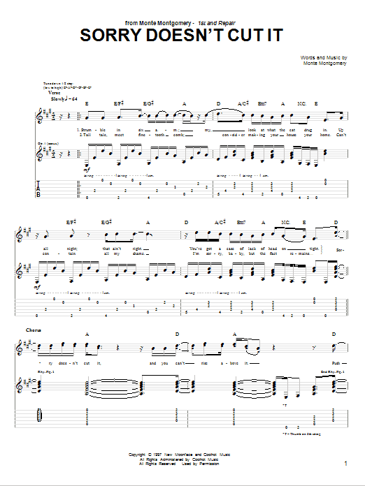 Learn to play Monte Montgomery Sorry Doesn't Cut It sheet music for Guitar Tab in minutes. Monte Montgomery Sorry Doesn't Cut It sheet music preview music notes and score for Guitar Tab including 6 page(s)