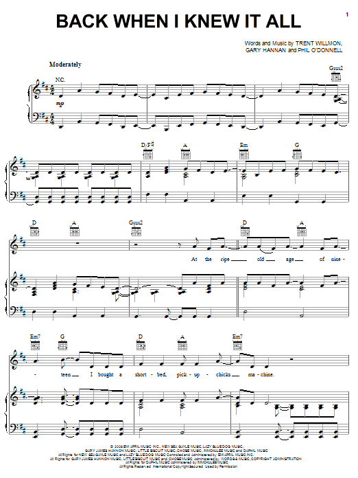 Learn to play Montgomery Gentry Back When I Knew It All sheet music for Piano, Vocal & Guitar (Right-Hand Melody) in minutes. Montgomery Gentry Back When I Knew It All sheet music preview music notes and score for Piano, Vocal & Guitar (Right-Hand Melody) including 8 page(s)